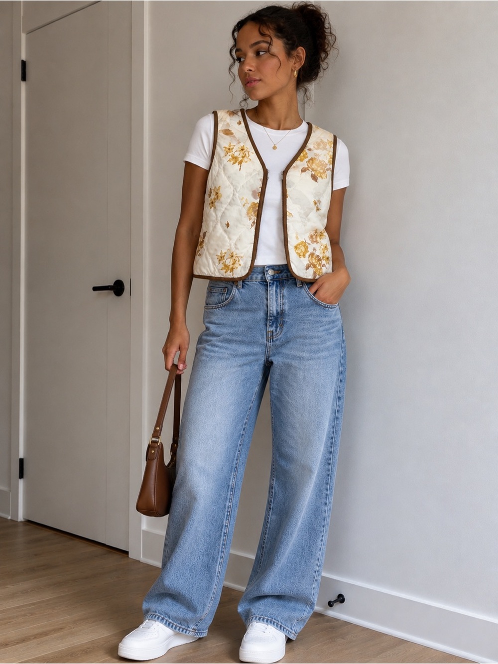 Woolrich Cream Floral Quilted Vest with Brown Trim NWOT